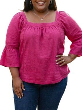 Time & Tru Size XXL (20) Top Fuchsia Square Neck Blouse Ruffled 3/4 Sleeves